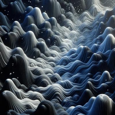 The primary subject of the image is a large, dark, and intricate mountain range. The setting is a black and white background, which adds a dramatic and artistic touch to the scene. The visual style is a combination of digital art and illustration, creating a unique and captivating image. The dominant colors are black and white, with the mountain range being the main focus, and the overall atmosphere is one of depth and complexity.